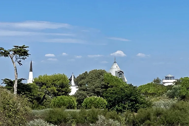 Le clocher noir et blanc d’Ars-en-Ré et les moulins entre les pins
