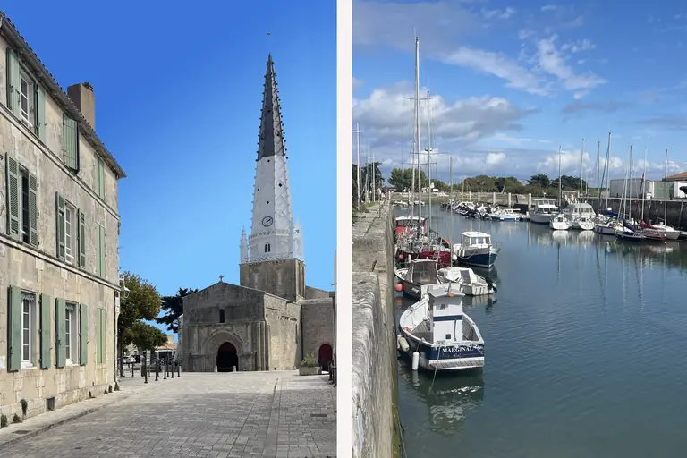 Le clocher noir et blanc de l’église Saint-Étienne et le port d’Ars-en-Ré