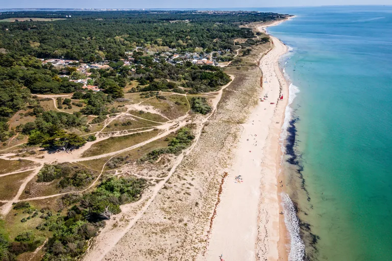 La plage de Gros Jonc au Bois-Plage-en-Ré vue du ciel, forêt et dunes