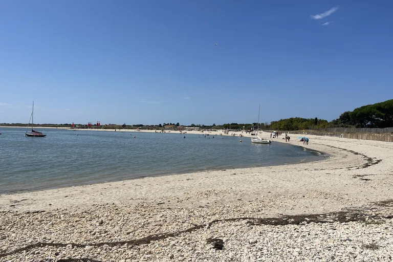 La plage du Grouin à Loix, bateaux et pinède